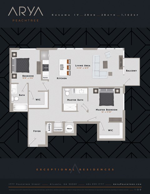 Two Bedroom Two Bath Kusama 4 floor plan at Arya Peachtree, Georgia, 30309
